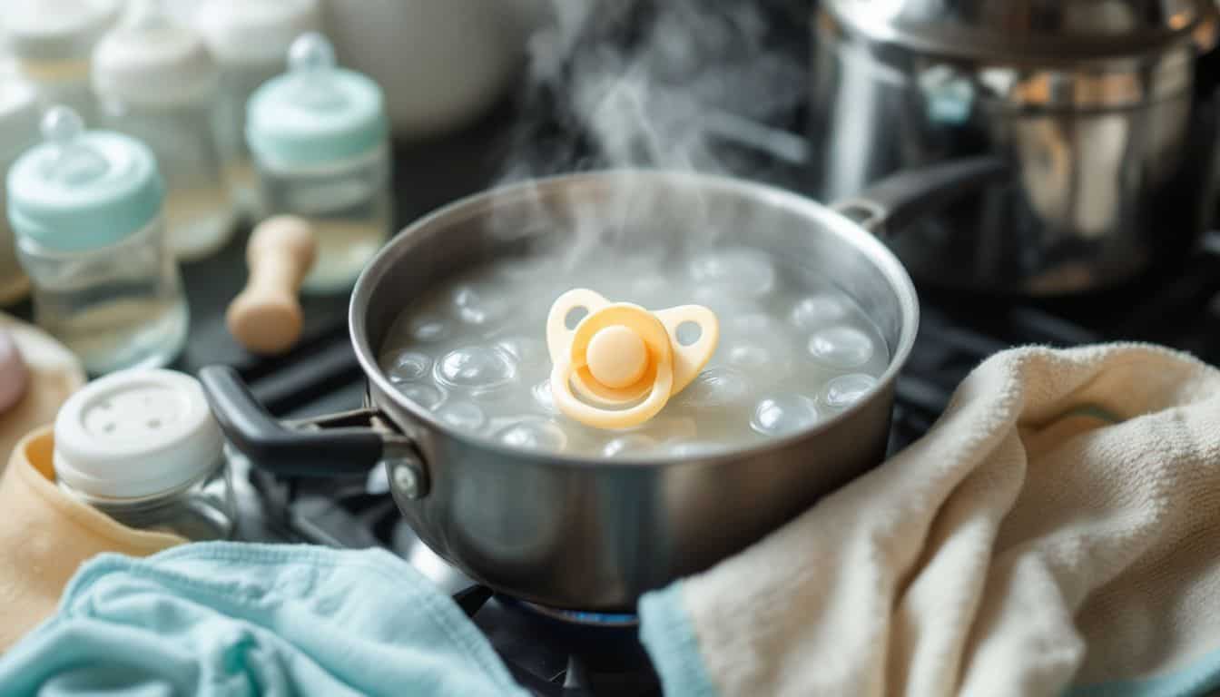 A pacifier is being sterilized on the stovetop along with baby bottles and a bib.