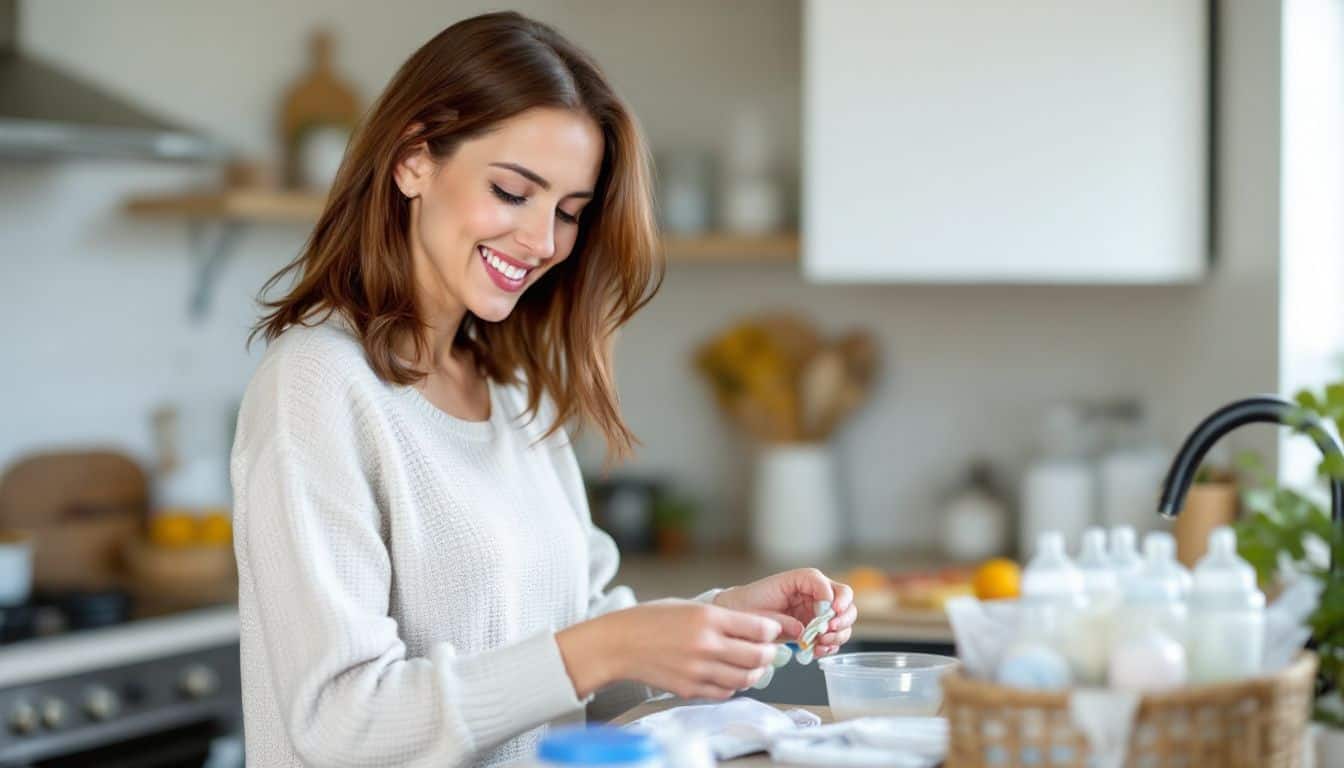 A mother in her mid-30s prepares bottles and pacifiers for her newborn baby in the kitchen.