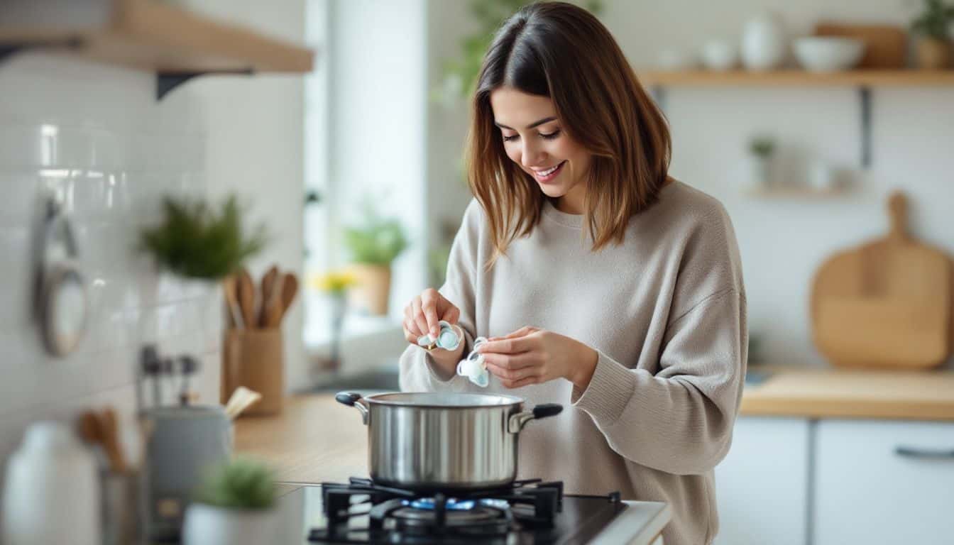 A mother sanitizing pacifiers in a cozy kitchen.