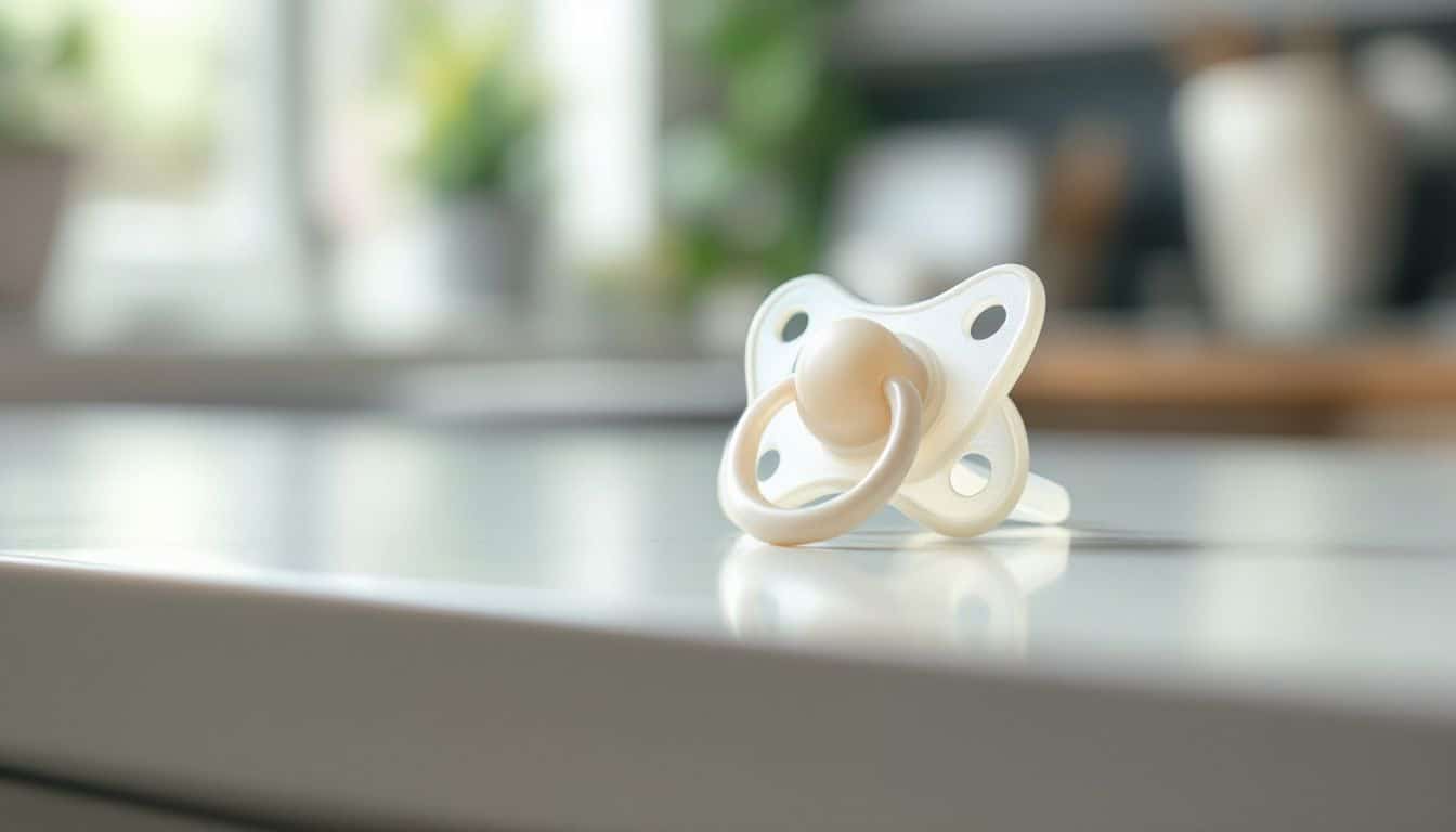 A close-up photo of a sterilized pacifier on a white surface.