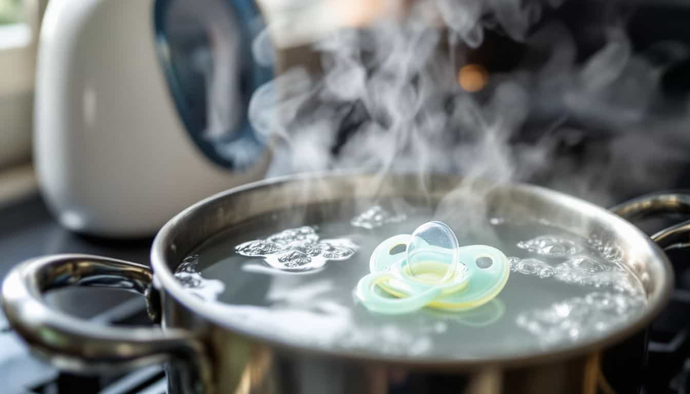 A pacifier is being sterilized in boiling water next to a UV sanitizer.