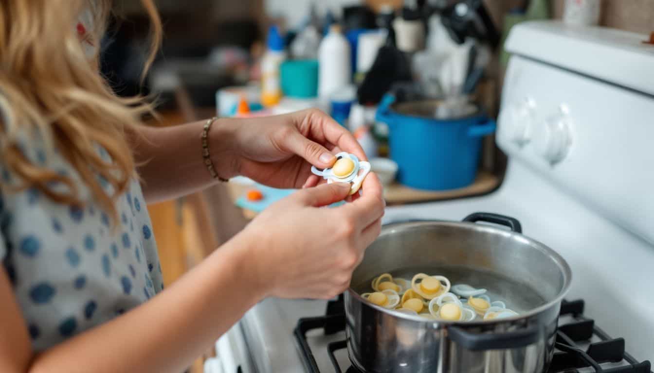 A parent sterilizes baby pacifiers in a cluttered kitchen.