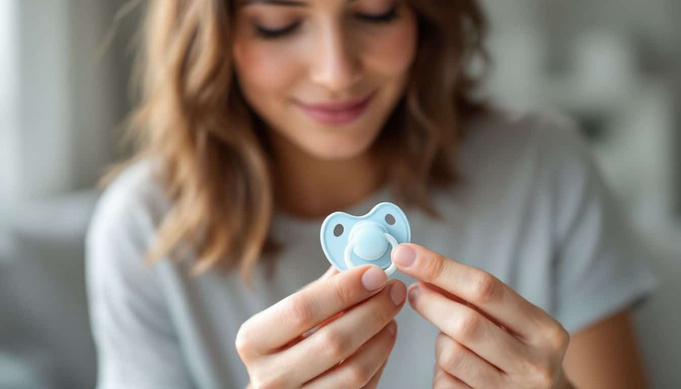 A parent inspects a silicone pacifier for signs of wear.