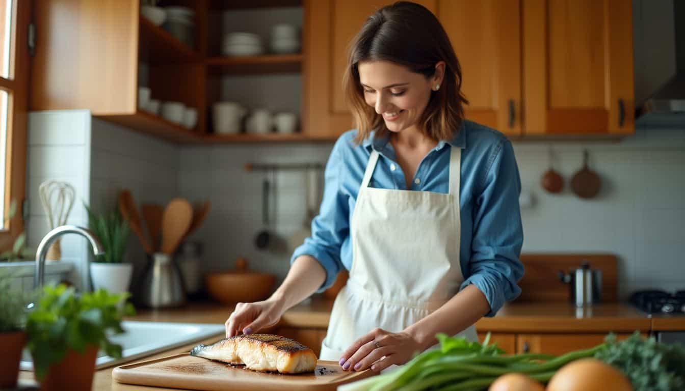 A woman in a kitchen preparing a healthy grilled cod dish.