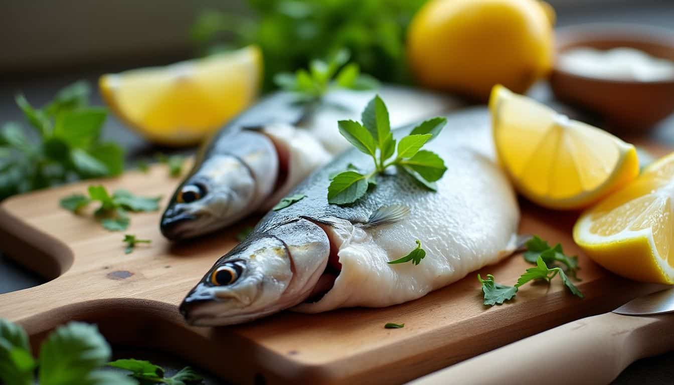 A fresh cod fish with lemon slices and herbs on wooden board.