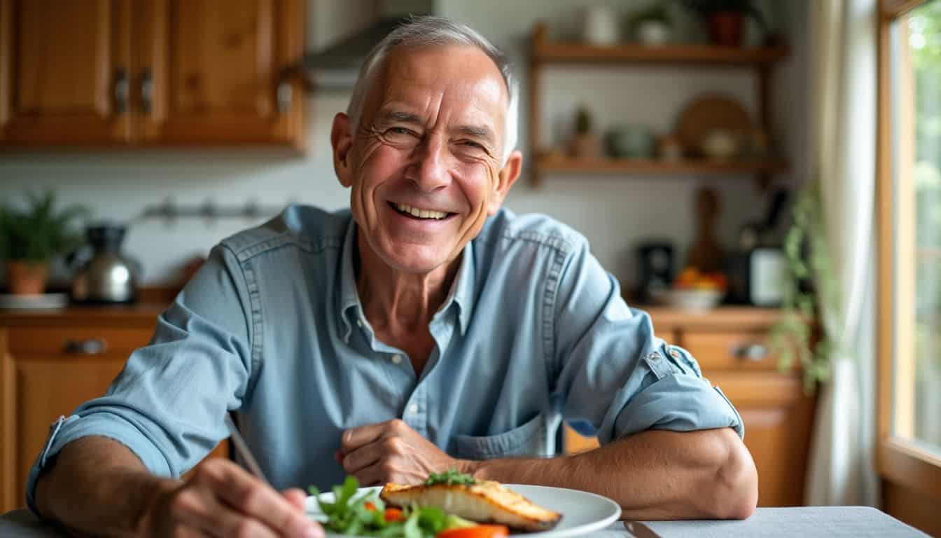 An elderly man enjoys a plate of grilled cod in a cozy kitchen.