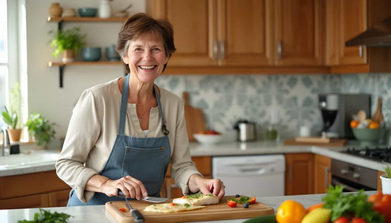 A middle-aged woman prepares a heart-healthy cod dish in her kitchen.