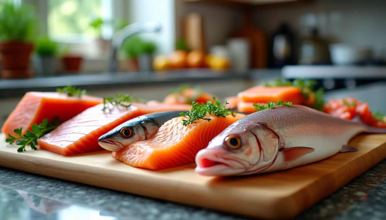 A variety of fresh fish displayed on a wooden cutting board.