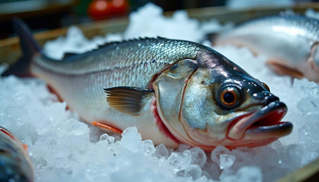 A freshly caught cod fish on ice at a local fish market.