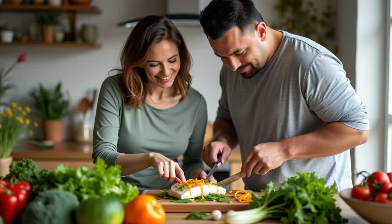 A couple prepares a vibrant cod salad in their cozy kitchen.