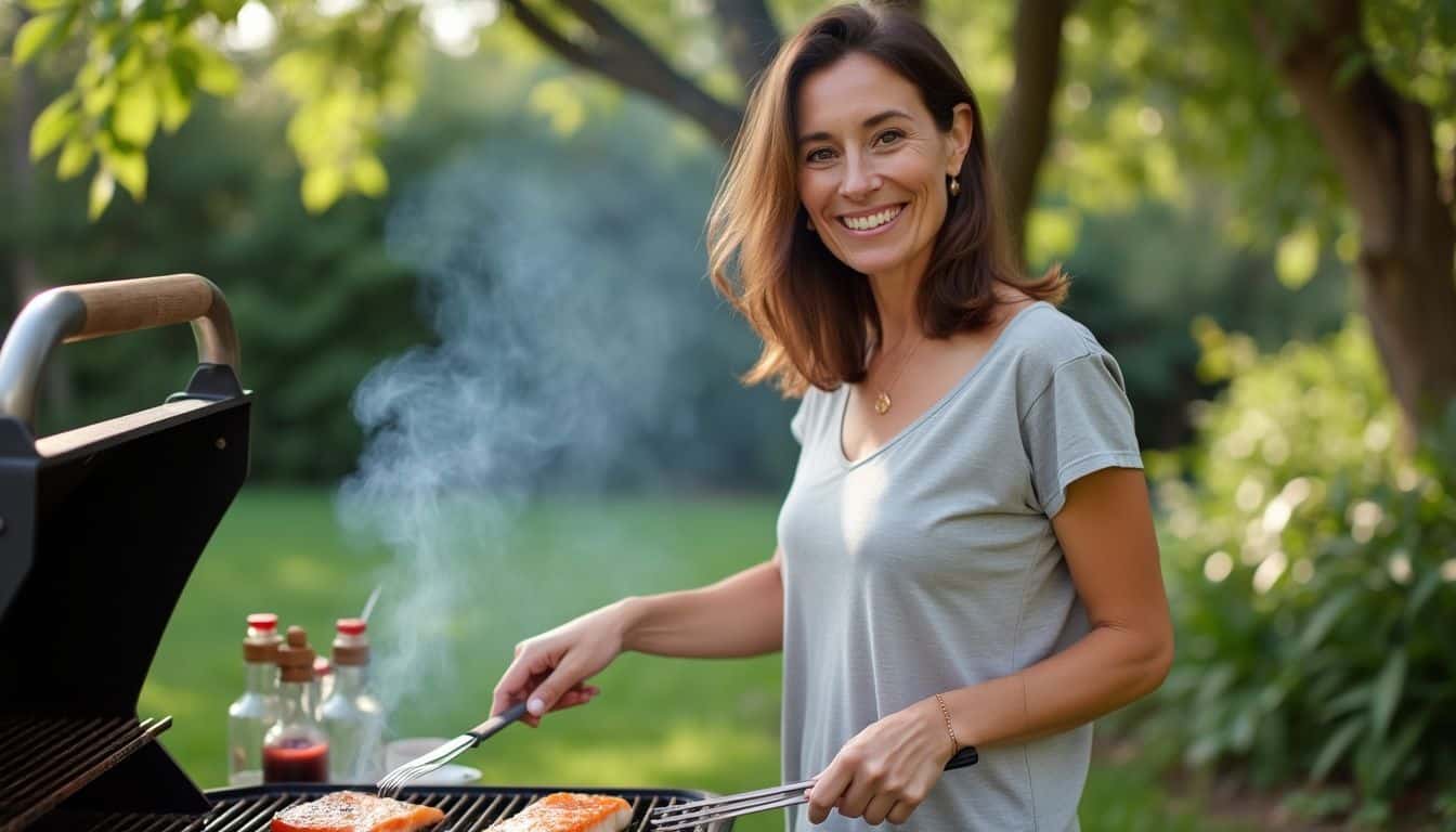 A woman grills fresh cod on a backyard barbecue.