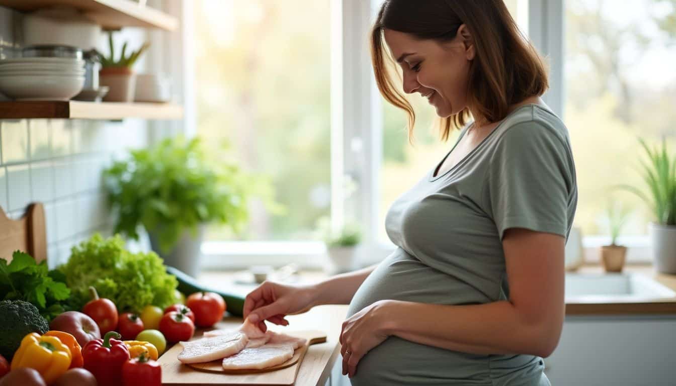 A pregnant woman inspects fresh cod fish in a bright kitchen.