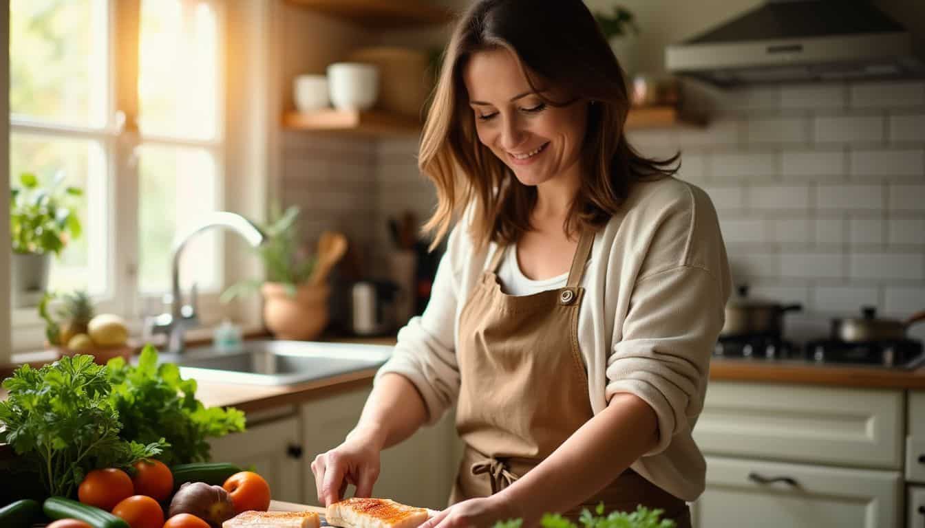 A woman in her 40s is cooking a healthy cod dish.