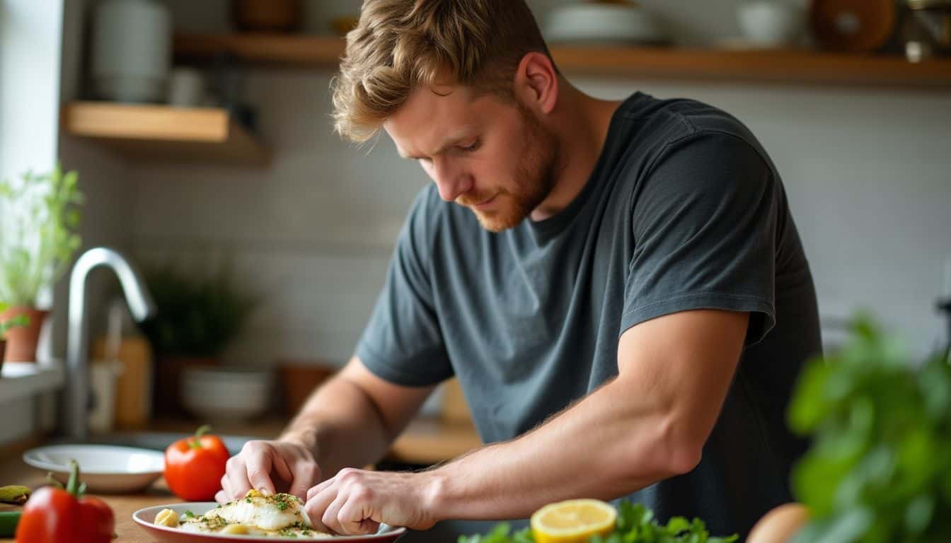 A man in his mid-30s prepares baked cod fillets in a cozy kitchen.