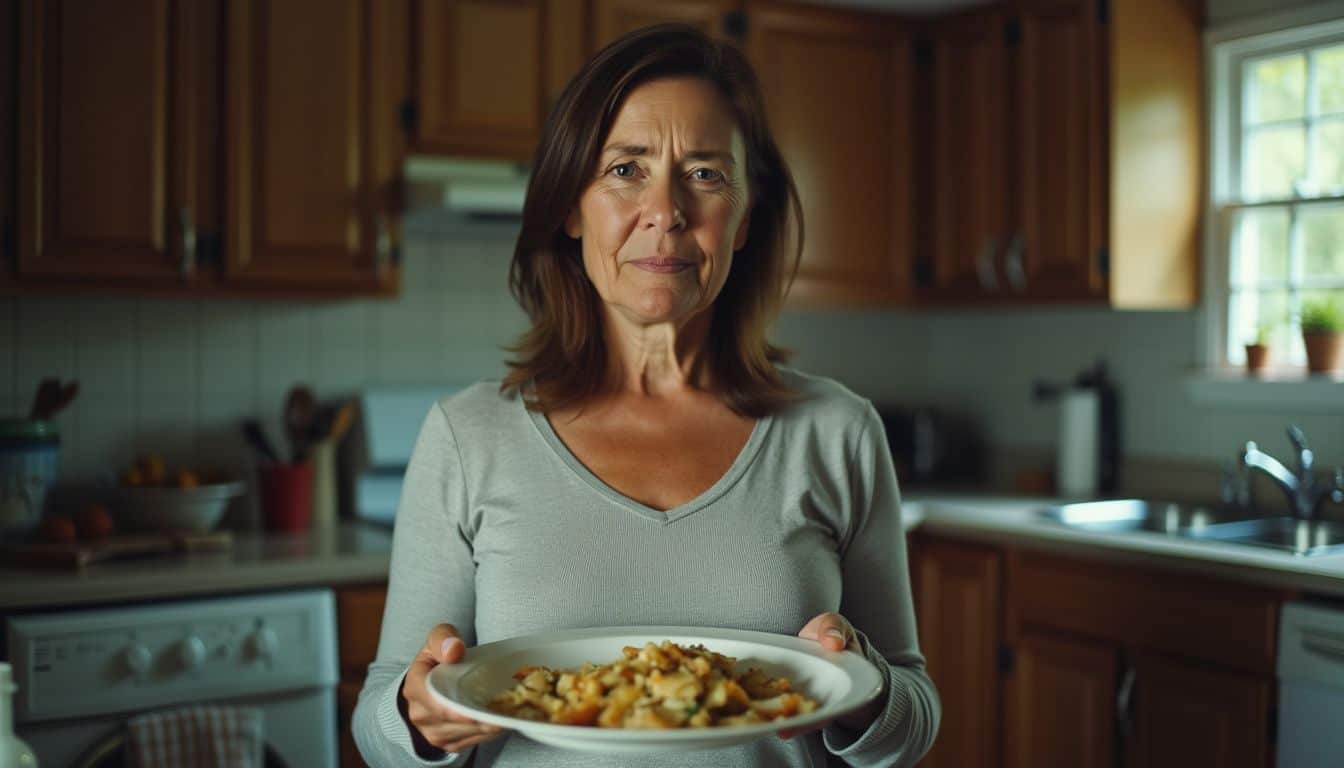 A woman holding cooked cod fish in a modest kitchen.