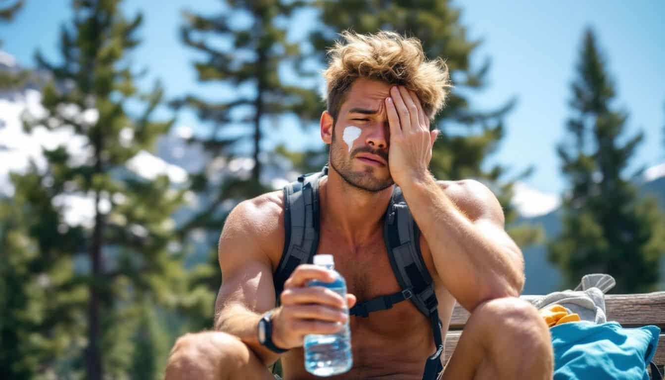 A tired hiker catching their breath in a mountain park.