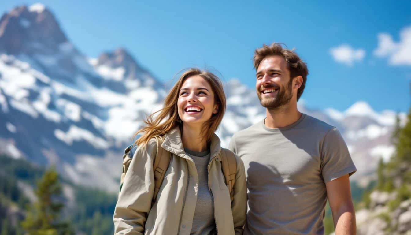 A couple in their late 30s enjoying a hike in the Rocky Mountains.