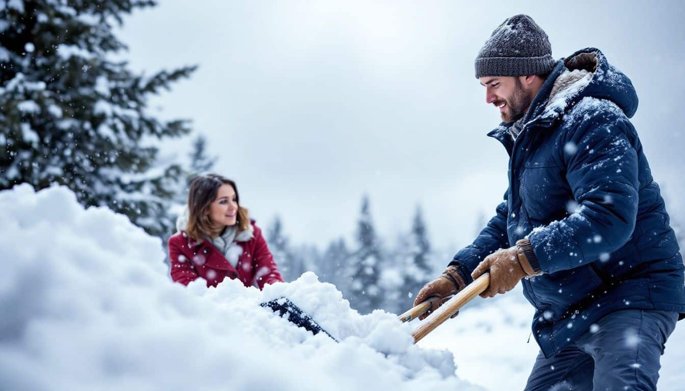 A couple in their 30s shoveling snow during a blizzard in Colorado.