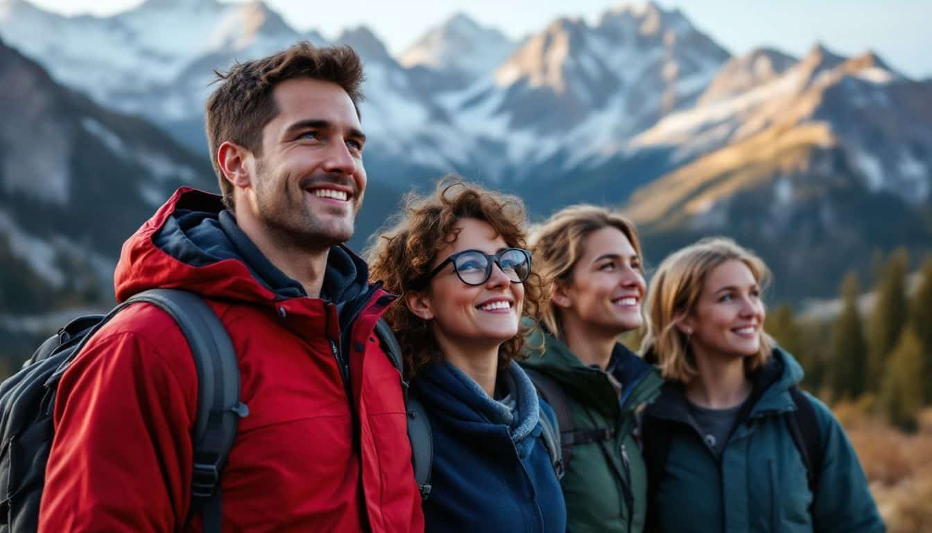 A group of hikers stands together, admiring the Rocky Mountains at dawn.