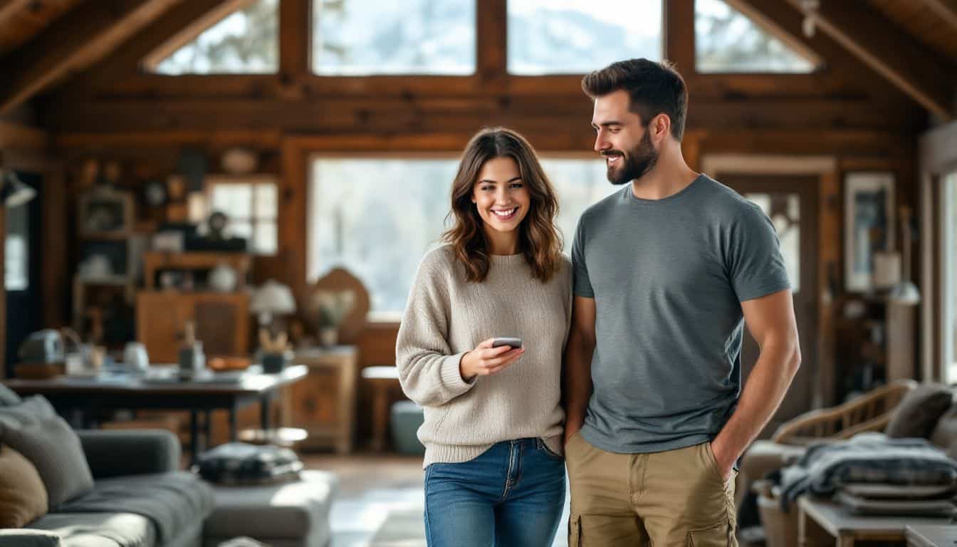 A couple explores a cozy mountain cabin with mismatched furniture.