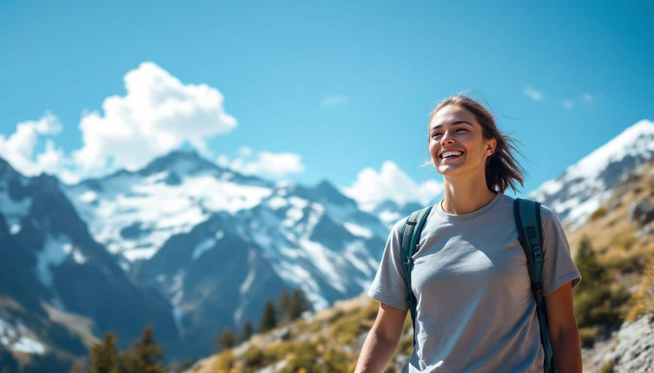 A person hiking in the Rocky Mountains on a sunny day.