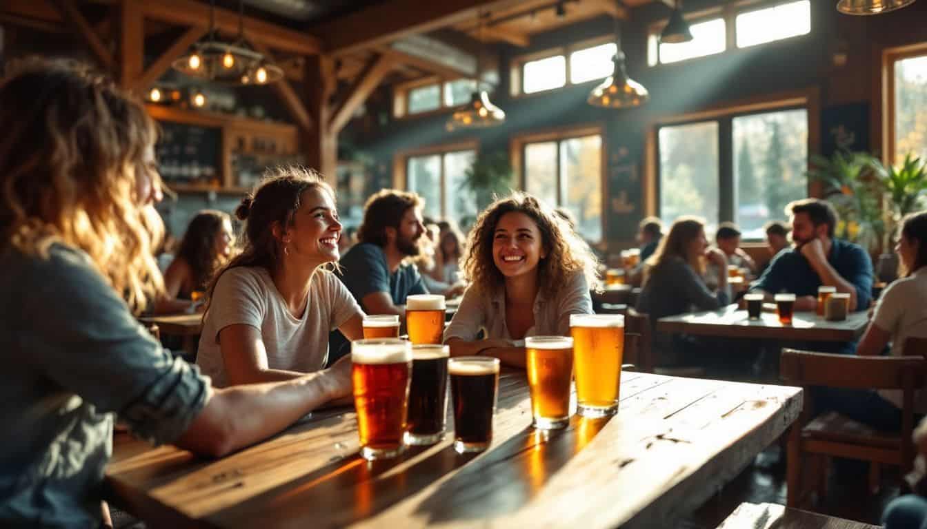 A cozy brewery in Colorado with locals enjoying craft beers.