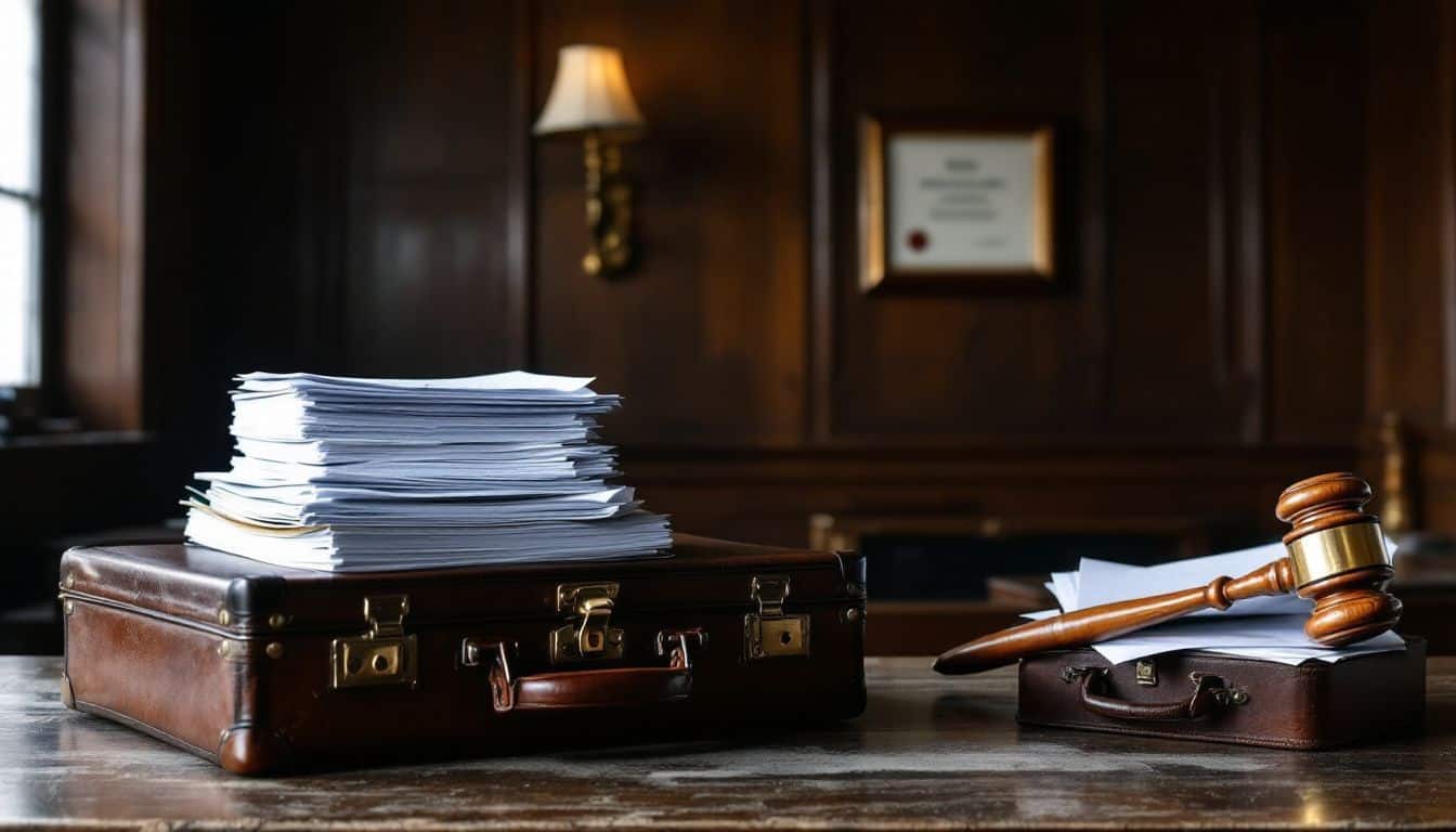 A cluttered courtroom table with legal documents and a briefcase.