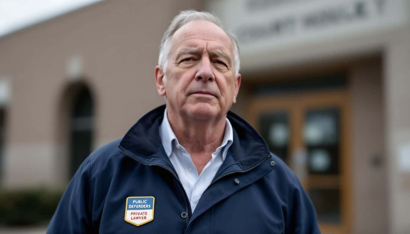 A man stands outside a courthouse, displaying badges for public and private defense.