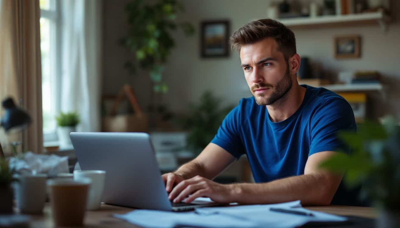 A man in his 30s sits at a cluttered desk, researching DUI legal representation.