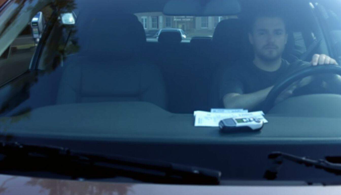 A car parked outside a courthouse with a traffic ticket and breathalyzer inside.