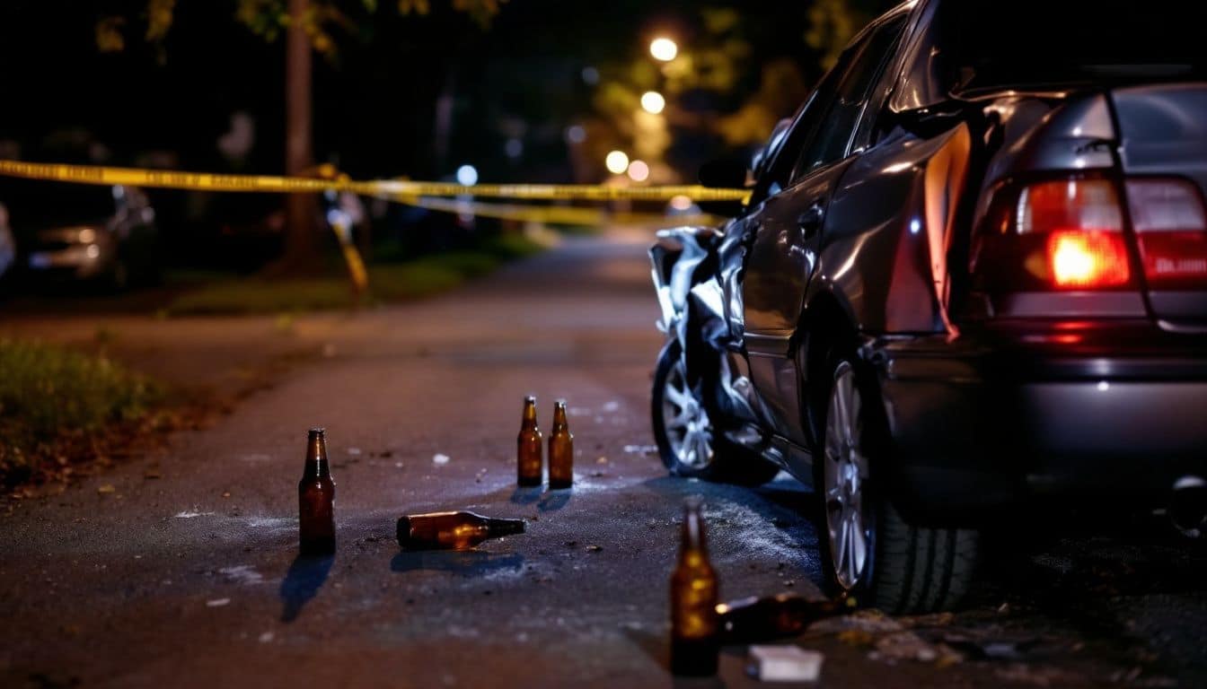 A damaged car with beer bottles around it, surrounded by police caution tape.