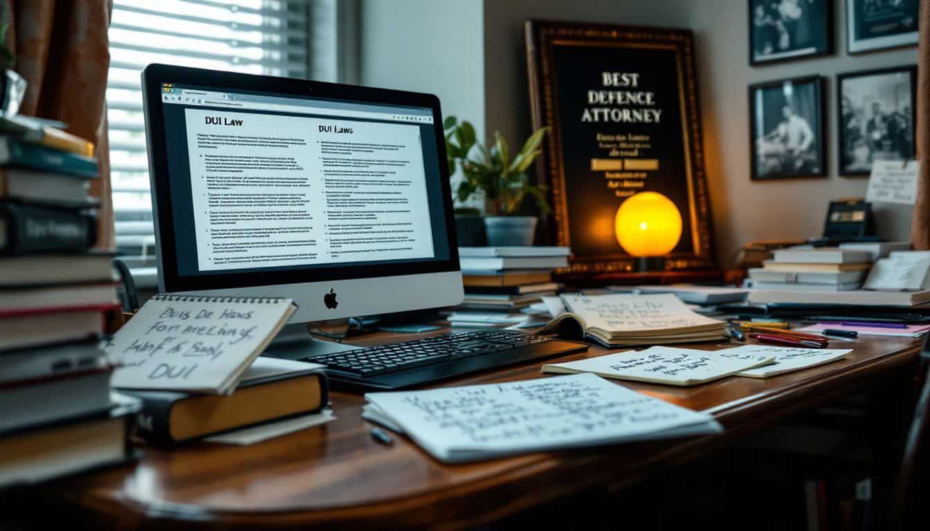 A cluttered desk in a busy law office with DUI law research.