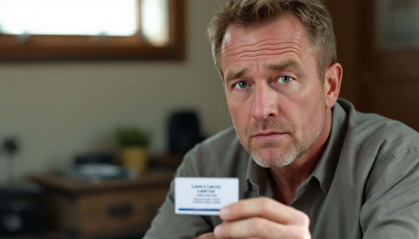 A man sits in an interrogation room holding a lawyer's business card.