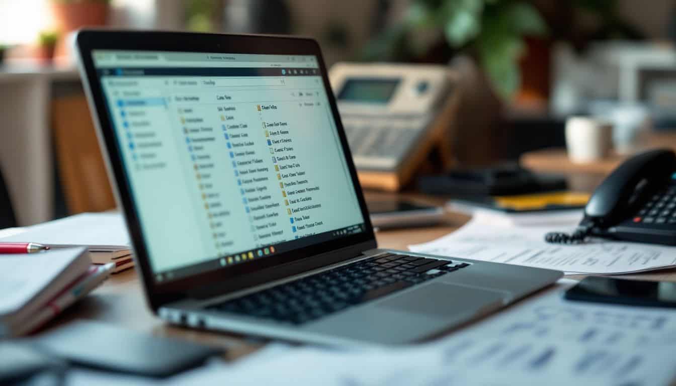 A cluttered office desk with legal documents and a laptop screen displaying case files.