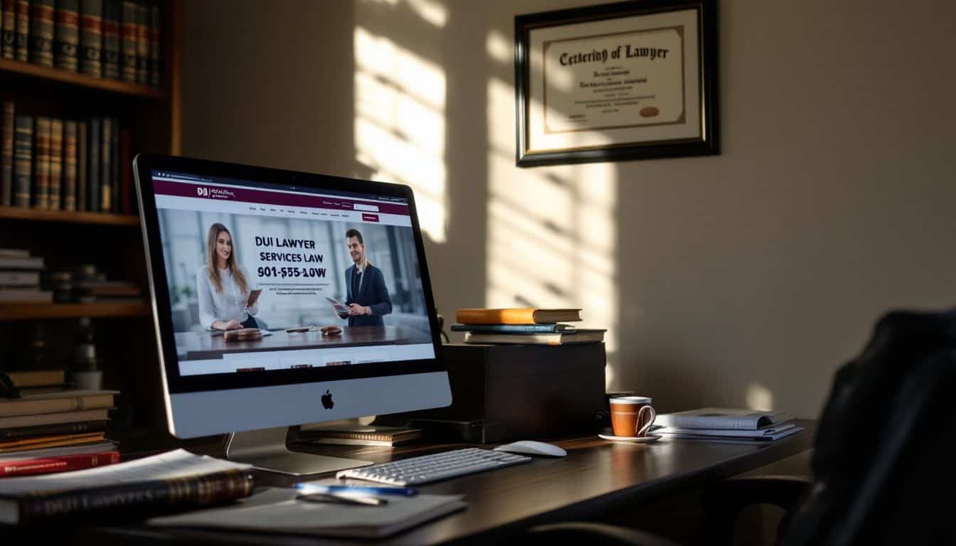 A cluttered law office desk with legal books, computer, and framed law degree.