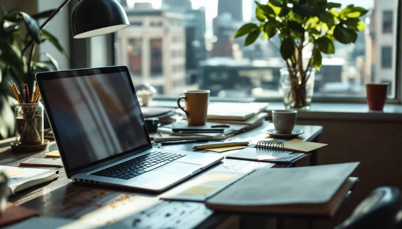 A cluttered desk in a bright coworking space with a laptop and notebooks.