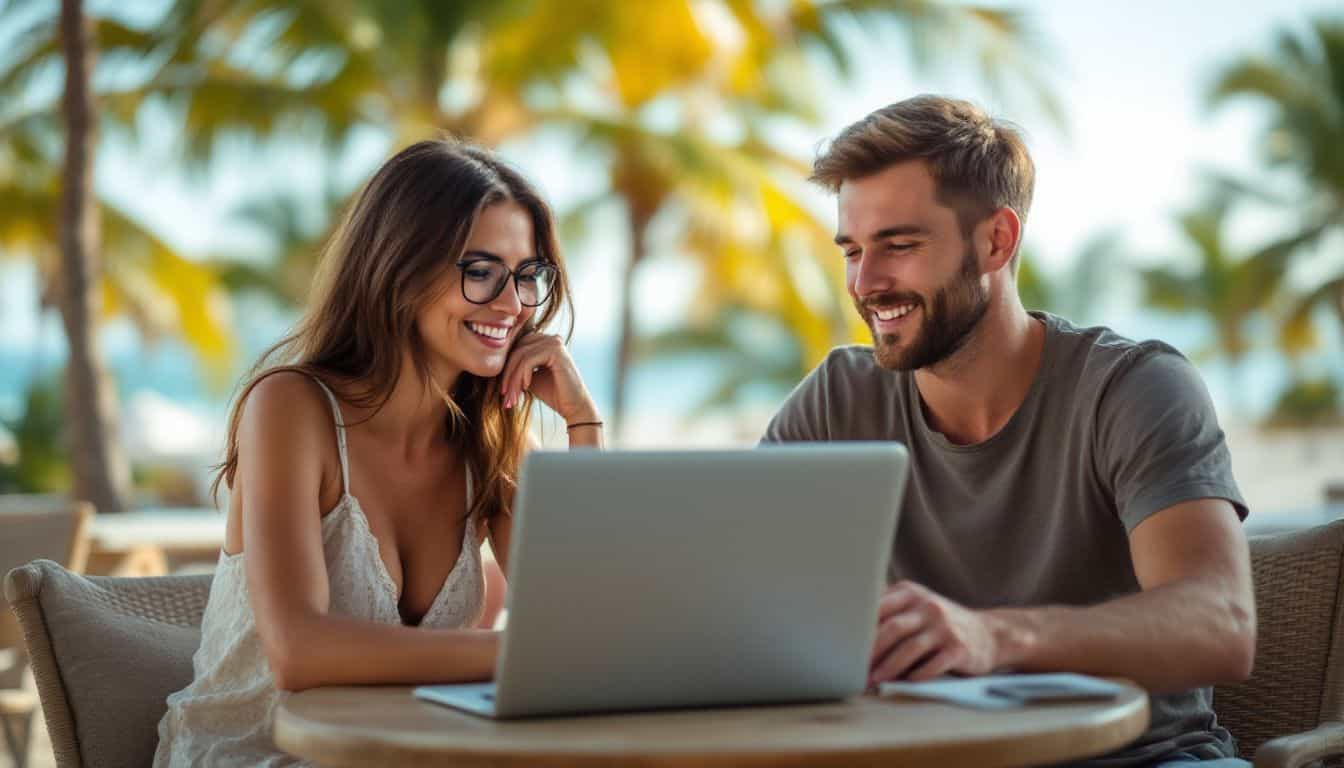 A couple in their thirties working on laptops at a beachfront café.