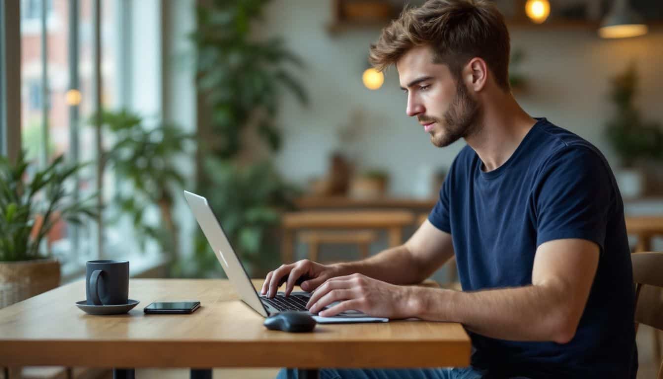 A man is working on a laptop in a cozy cafe.