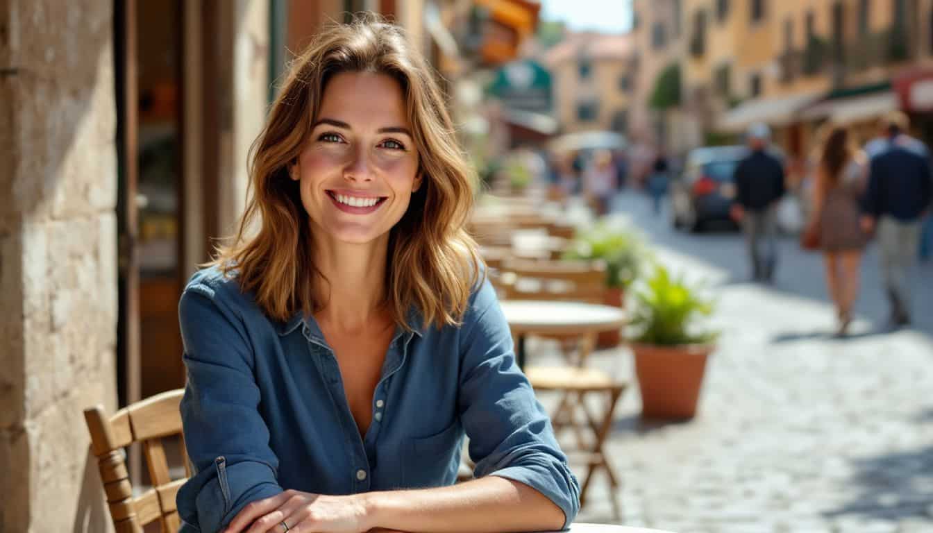 A female travel writer sits at a rustic café in Italy.