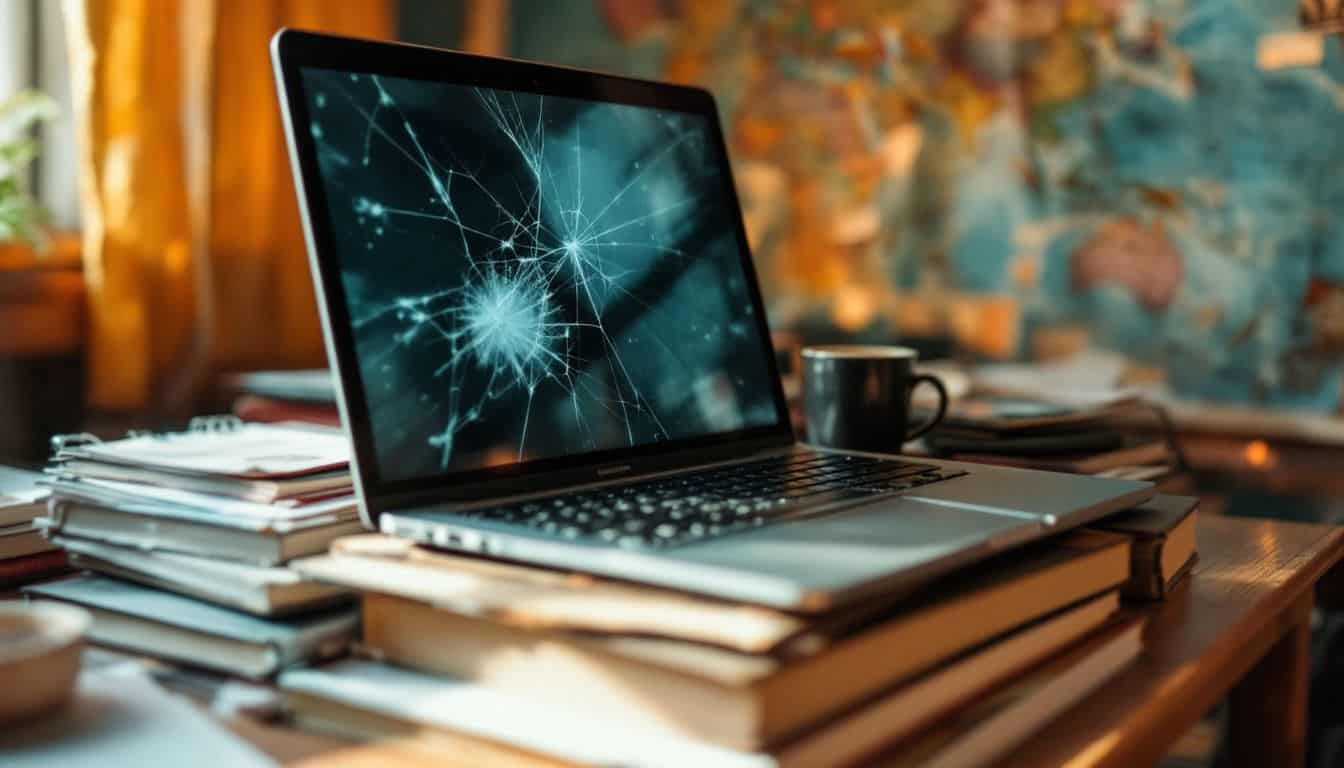 A worn-out laptop on makeshift desk in hostel room with vintage world map.