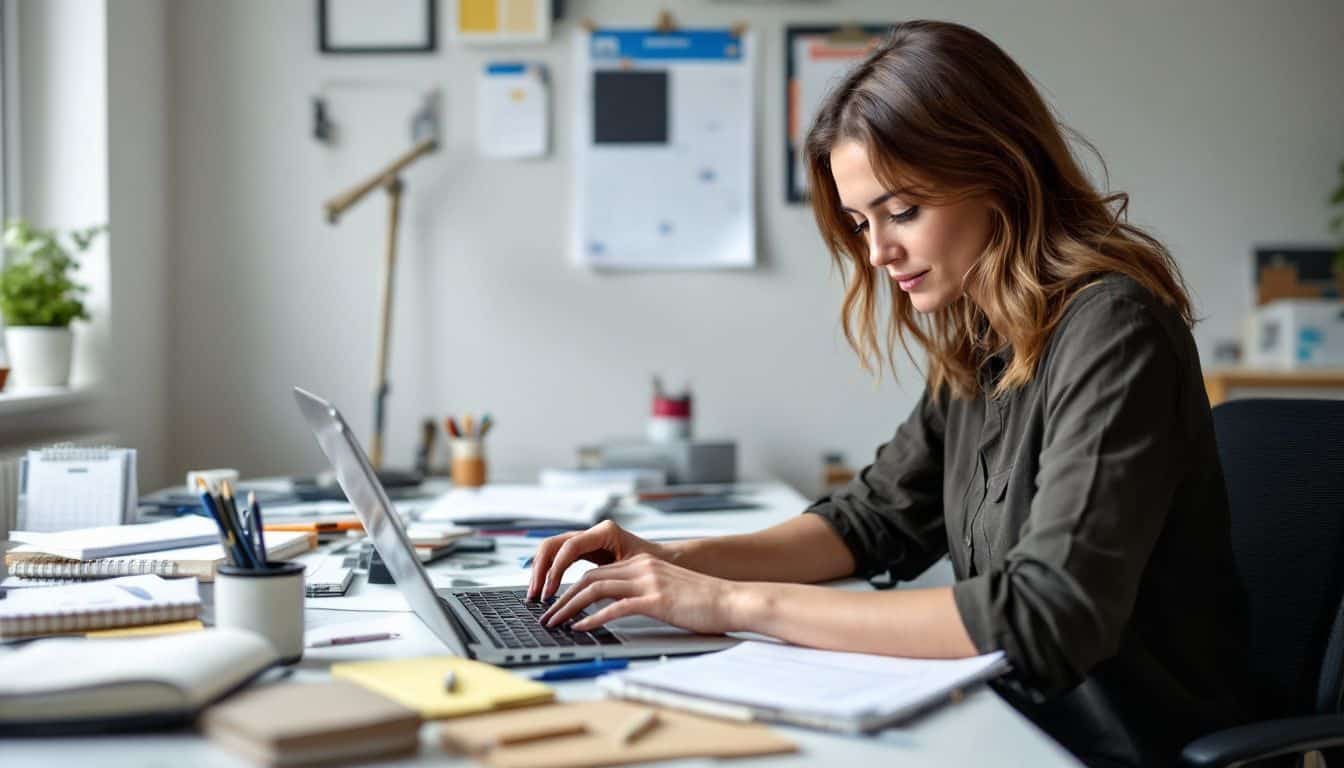 A woman in her 30s works at a cluttered desk with a laptop and phone.