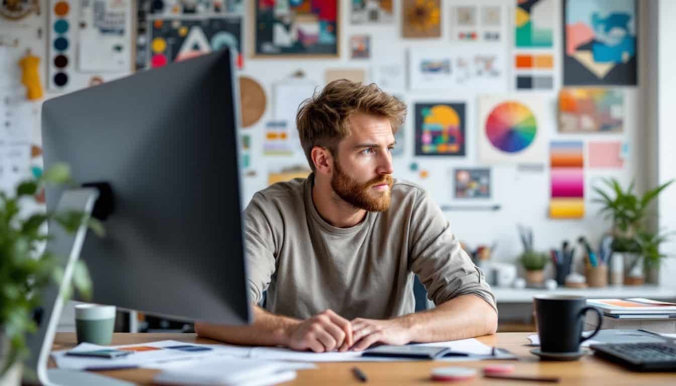 A graphic designer works intently at cluttered but organized home office.