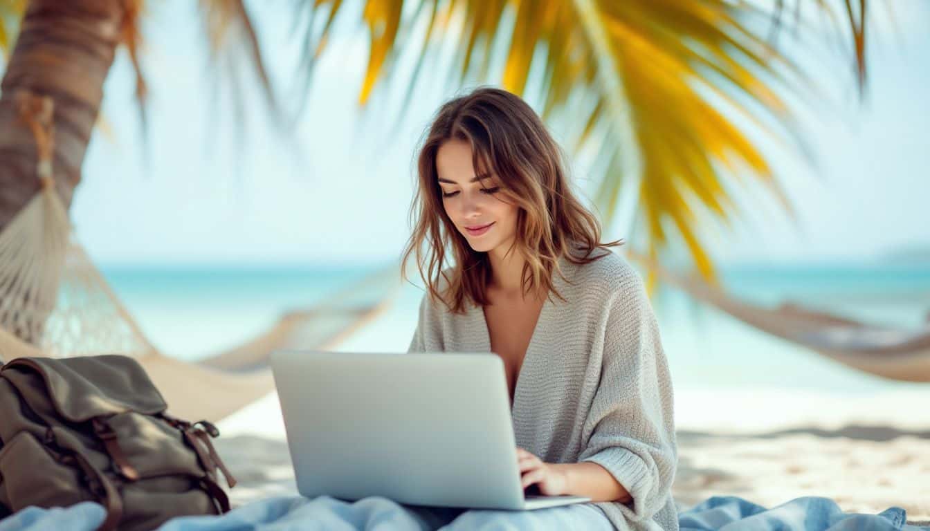 A woman in her late 20s works on her laptop at the beach.