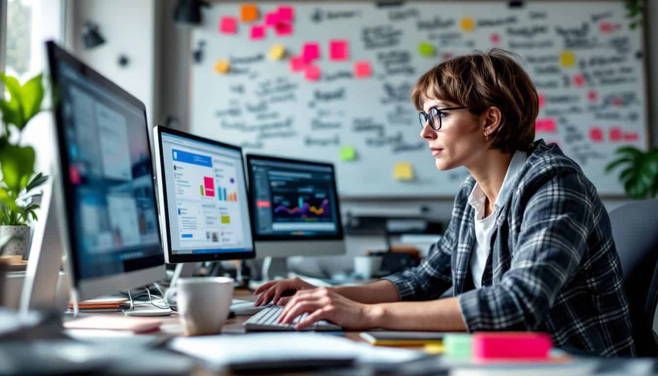 A community manager works at a cluttered desk, analyzing social media data.