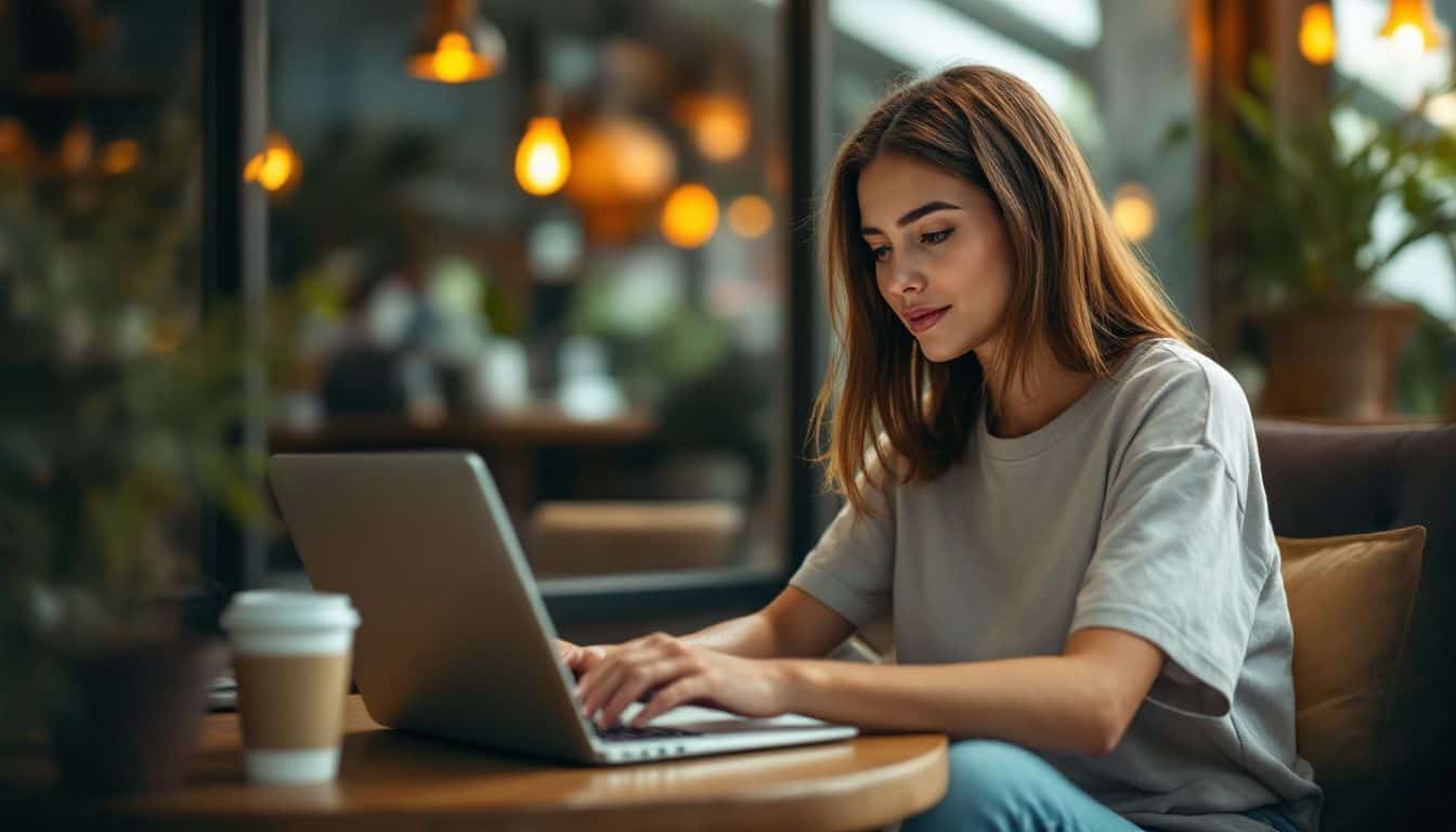 A 30-year-old individual working on a laptop in a cozy café.