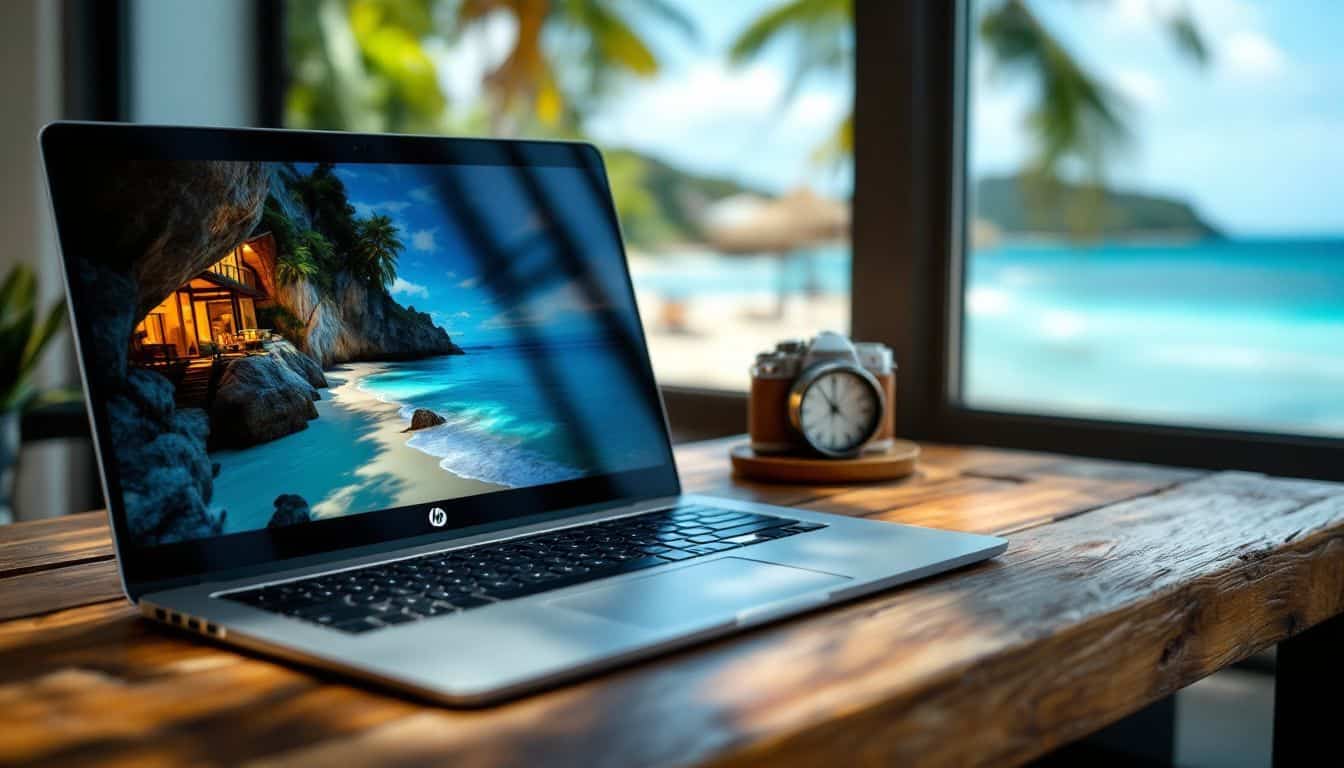 An HP laptop on a wooden desk overlooking a tropical beach.