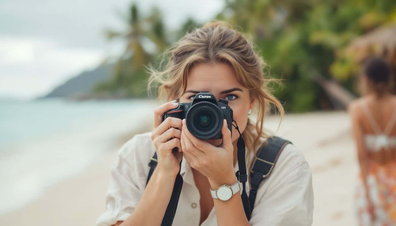 A woman capturing a destination wedding on a tropical beach.