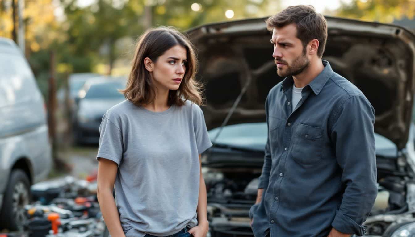 A couple in their 30s looks frustrated while inspecting a broken car.