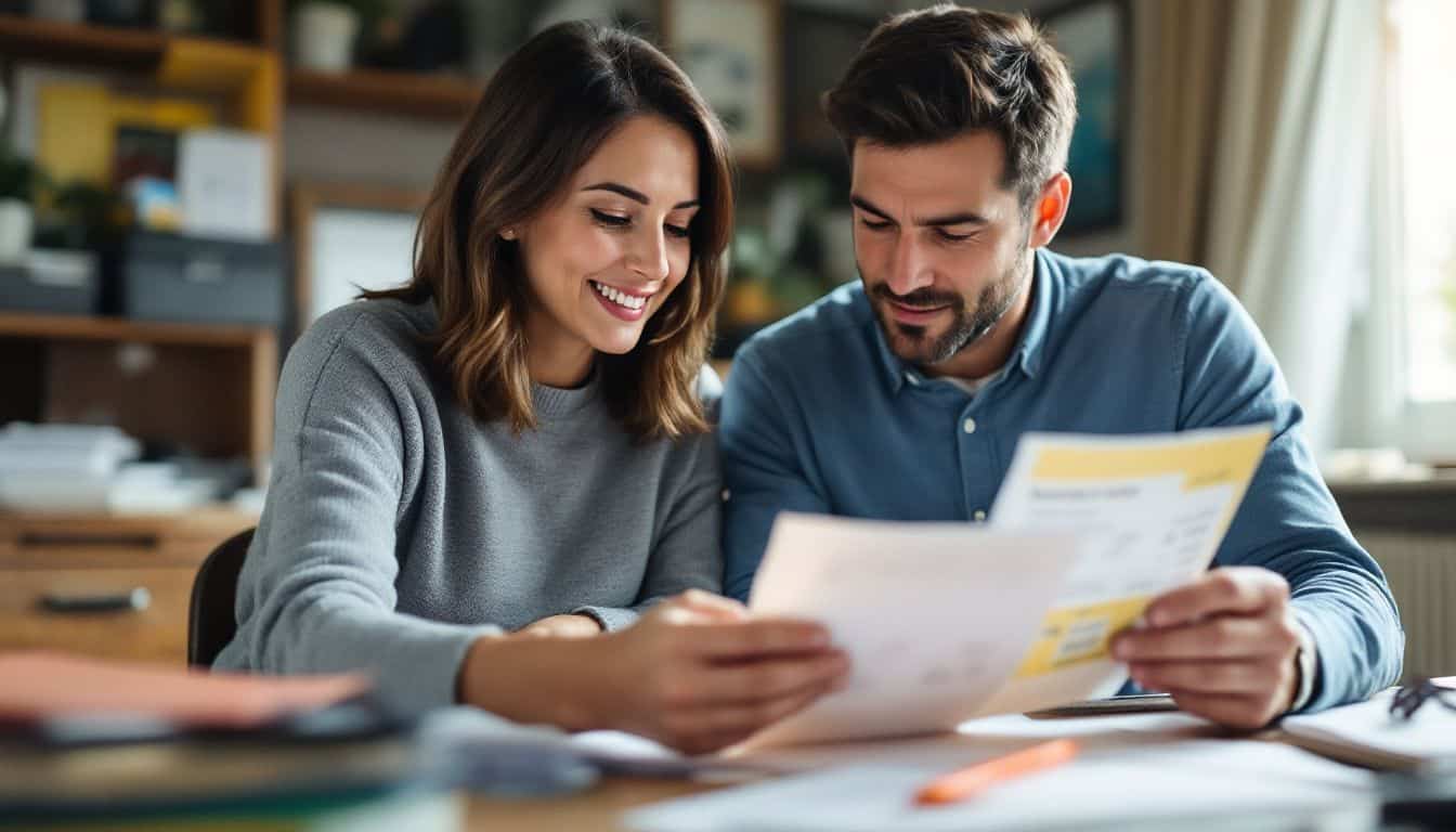 A couple in a home office reviewing car repair receipts.