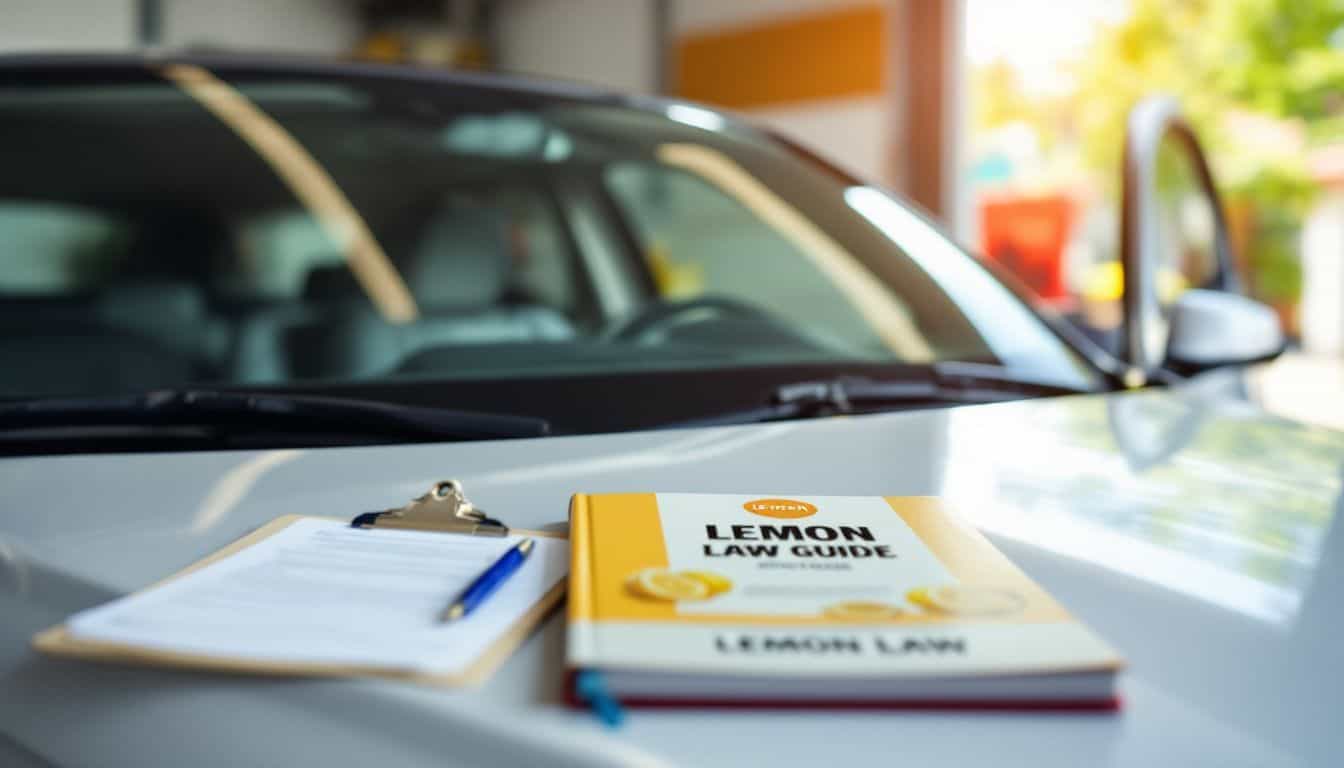 A vehicle parked in a garage with paperwork and a lemon law guide book on the hood.